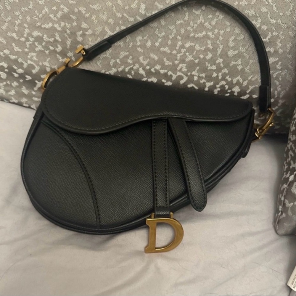 Designer-Inspired Black Saddle Bag with Gold 'D' Accent